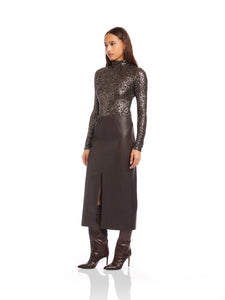 Kaia Faux Leather Midi Skirt in Brown