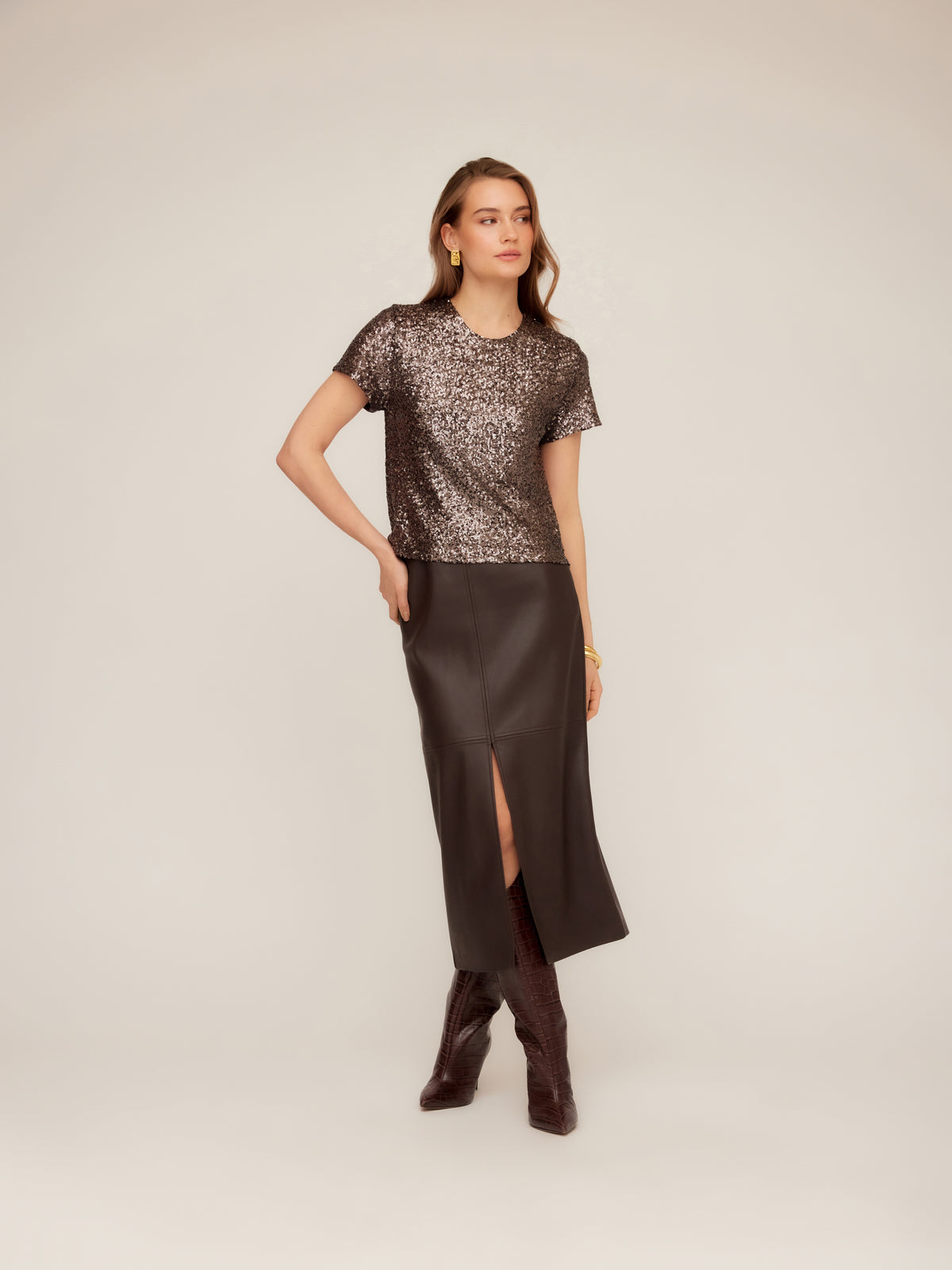 Stacey Sequin Top in Brown