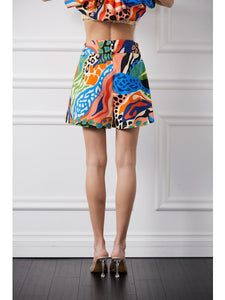 Belted Pintuck Printed Shorts in Red Multi