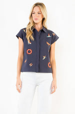 Load image into Gallery viewer, Short Sleeve Button Up Sailing Top in Navy
