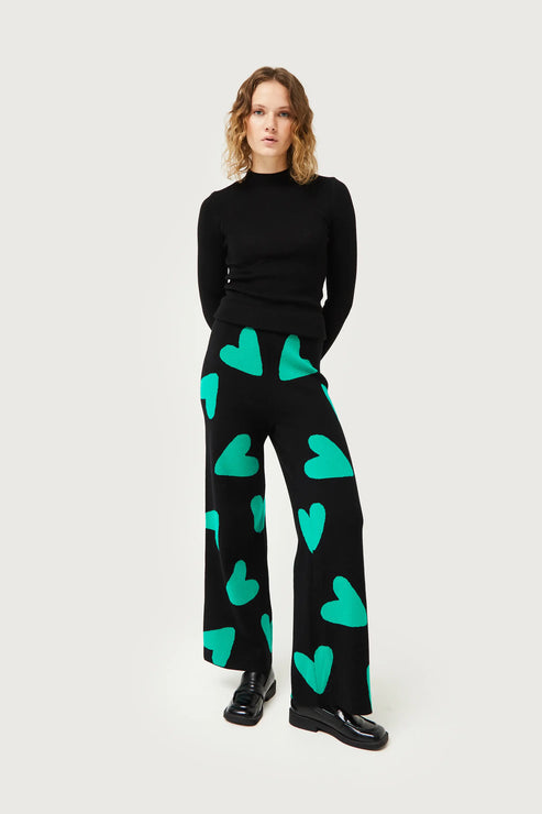 Knit Pant in Green Conversational Hearts