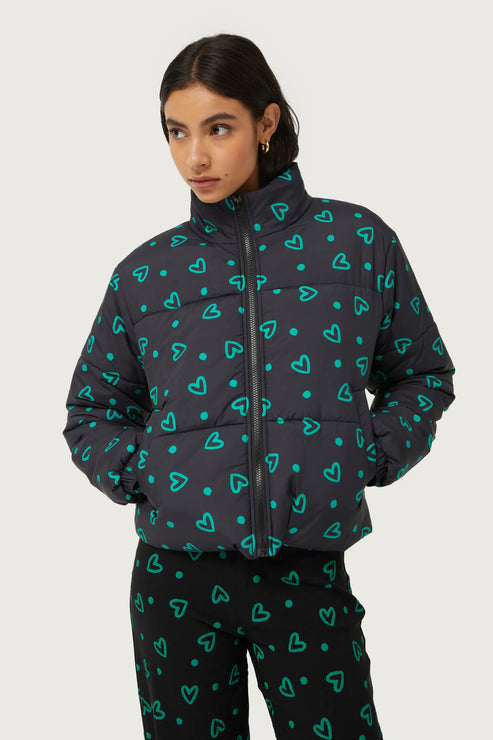 Puffer Jacket in Green Conversational Hearts