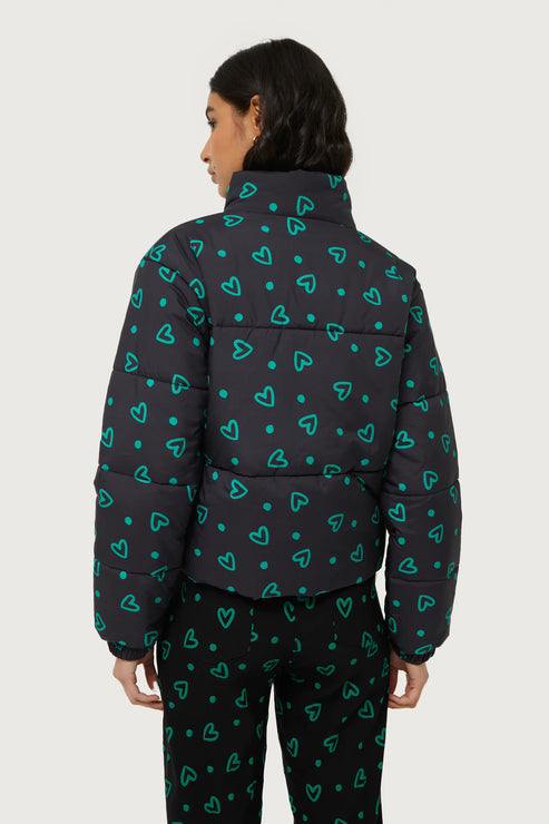 Puffer Jacket in Green Conversational Hearts