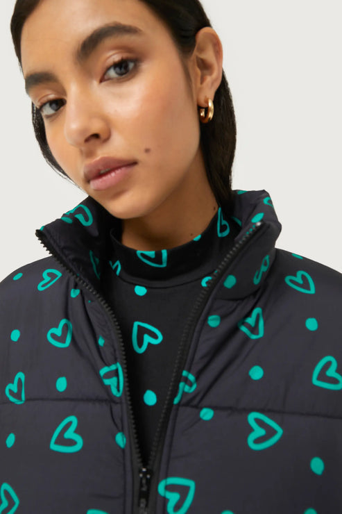 Puffer Jacket in Green Conversational Hearts