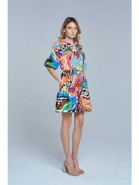 Printed Bubble Sleeve Mini Dress in Red Multi