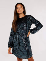 Load image into Gallery viewer, Sequin Puff Sleeve Tie Waist Dress in Gunmetal
