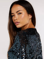 Load image into Gallery viewer, Sequin Puff Sleeve Tie Waist Dress in Gunmetal
