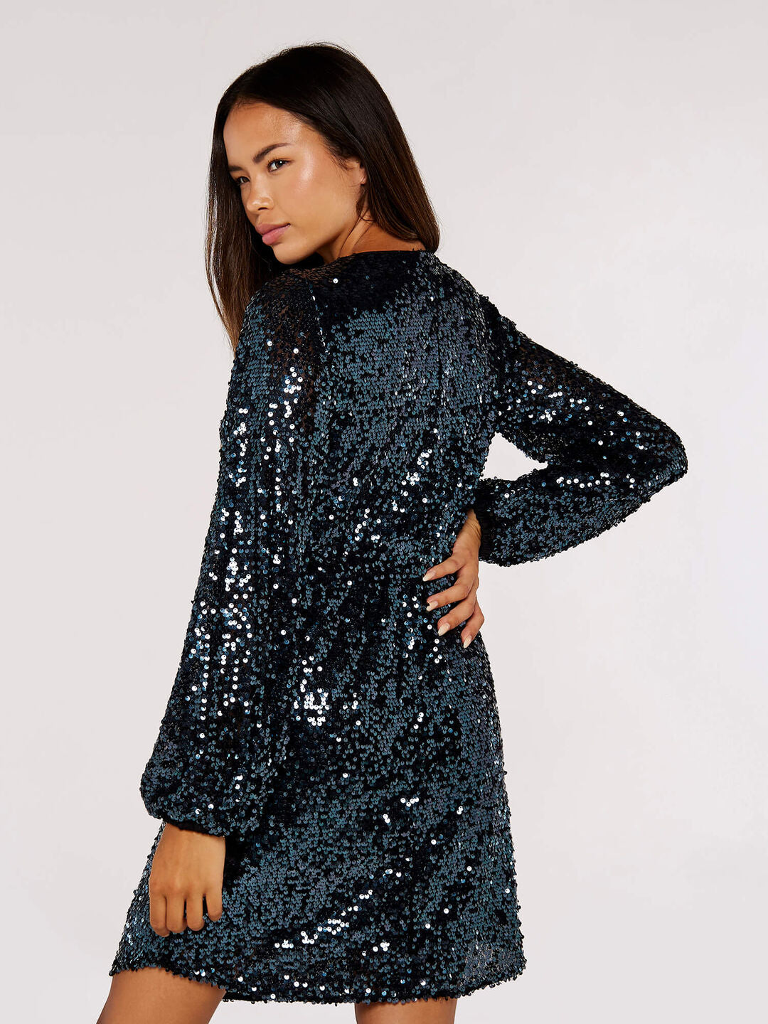 Sequin Puff Sleeve Tie Waist Dress in Gunmetal