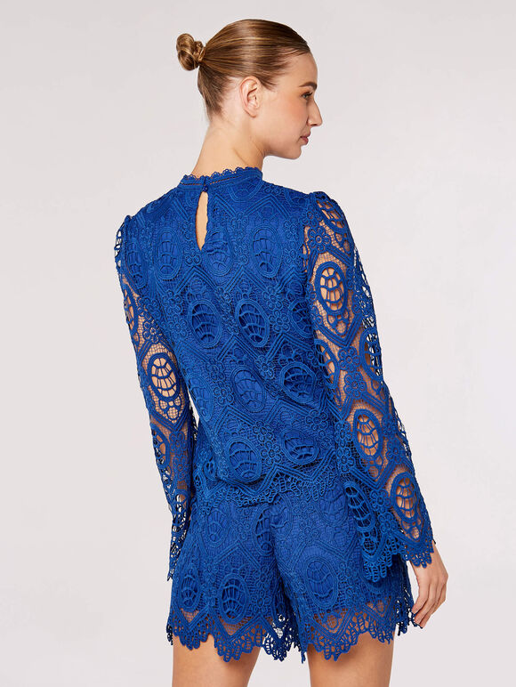 Scalloped Lace High Neck Top in Blue