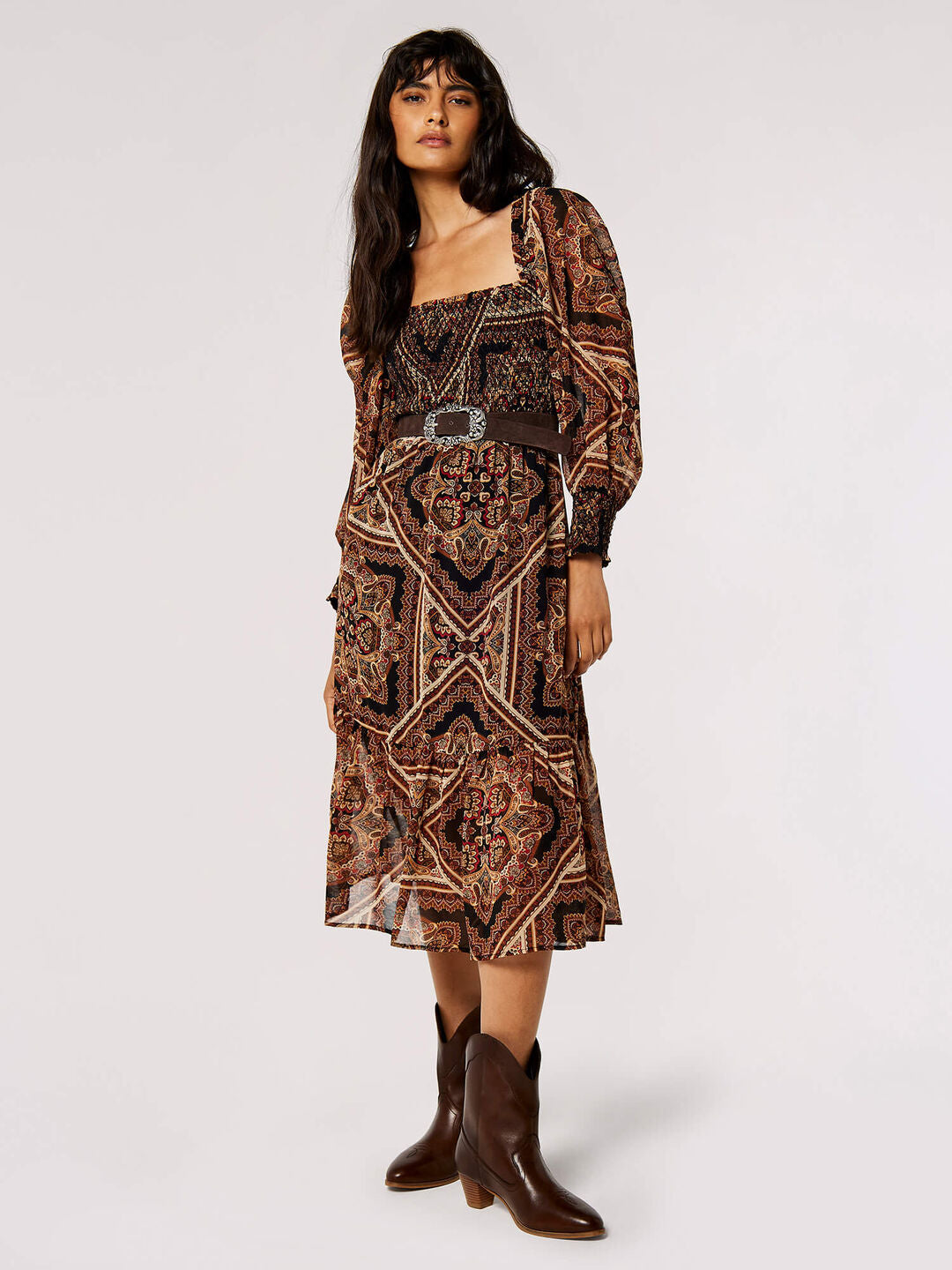 Smocked Paisley Midi Dress in Mango Combo