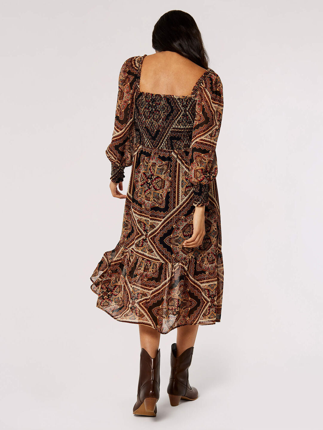 Smocked Paisley Midi Dress in Mango Combo