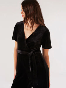 Flutter Sleeve Velvet Jumpsuit in Black