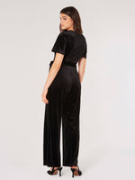 Load image into Gallery viewer, Flutter Sleeve Velvet Jumpsuit in Black
