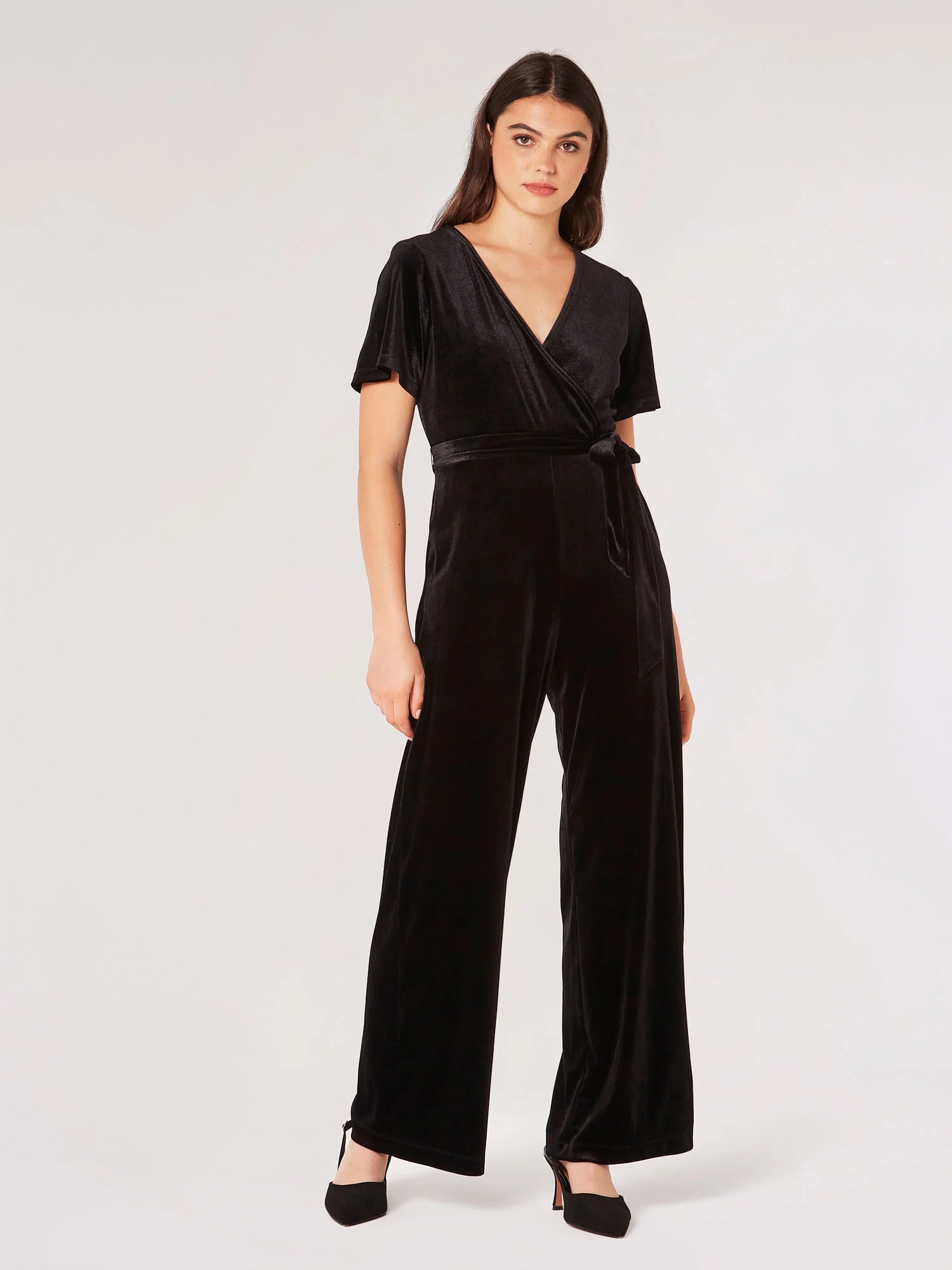 Flutter Sleeve Velvet Jumpsuit in Black