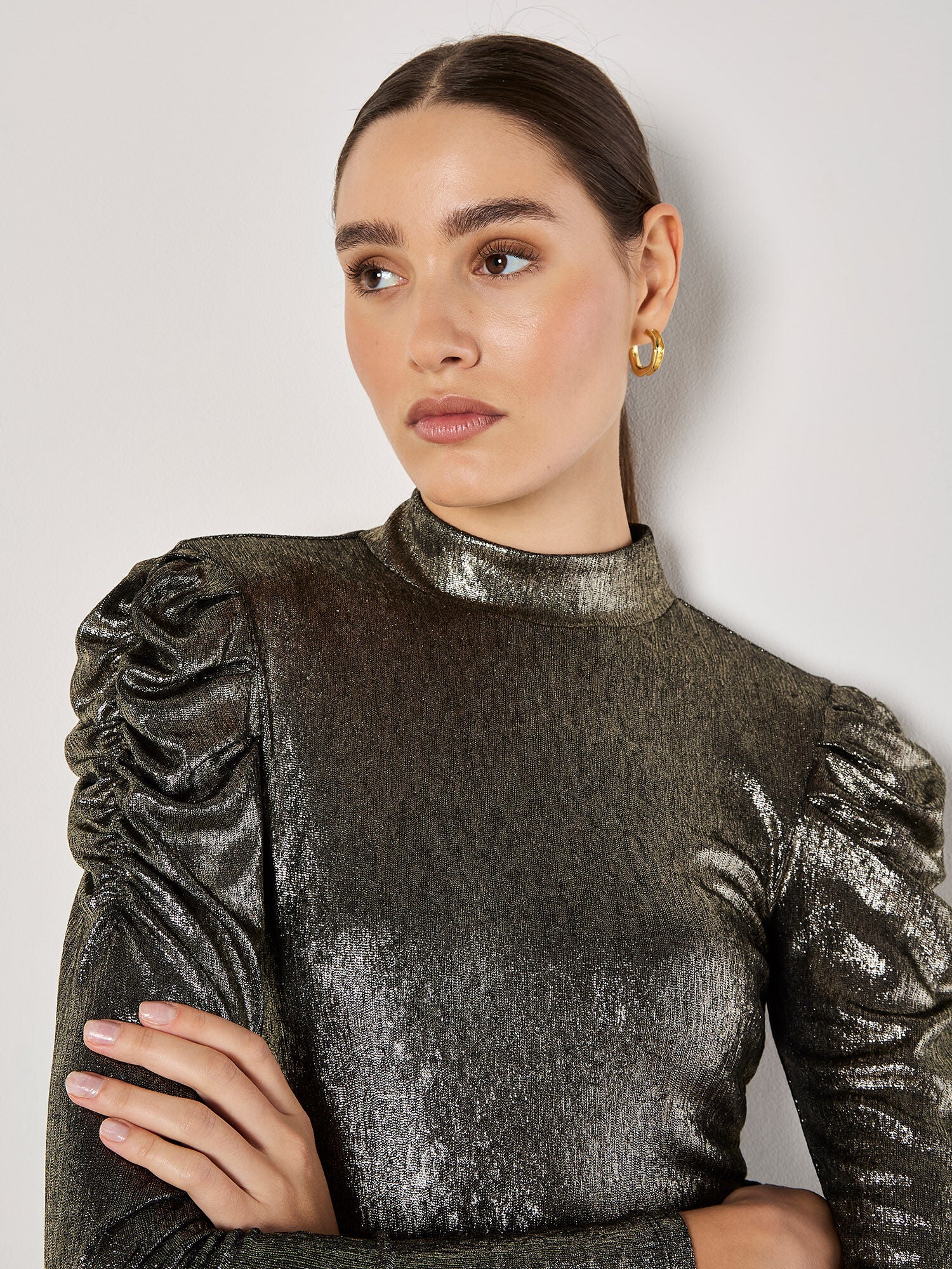 Ruched Sleeve Metallic Top in Gold