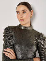 Load image into Gallery viewer, Ruched Sleeve Metallic Top in Gold
