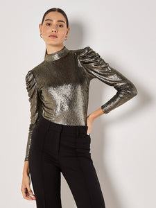 Ruched Sleeve Metallic Top in Gold