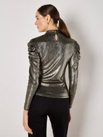 Load image into Gallery viewer, Ruched Sleeve Metallic Top in Gold
