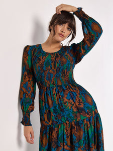 Ikat Chiffon Smocked Midi Dress in Teal