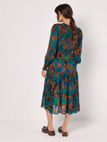 Load image into Gallery viewer, Ikat Chiffon Smocked Midi Dress in Teal
