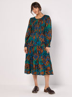 Load image into Gallery viewer, Ikat Chiffon Smocked Midi Dress in Teal
