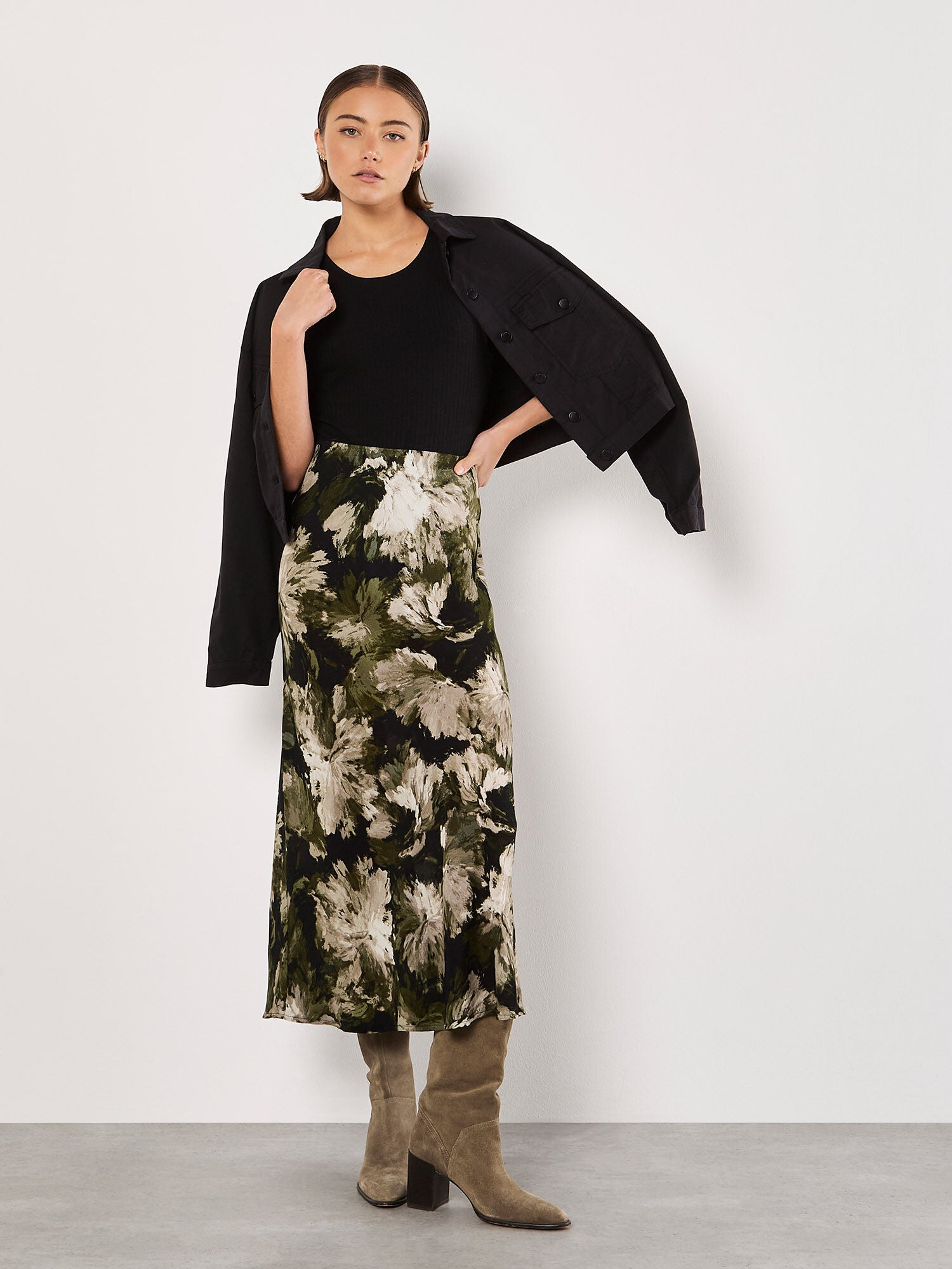 Paintbrush Floral Slip Skirt in Olive