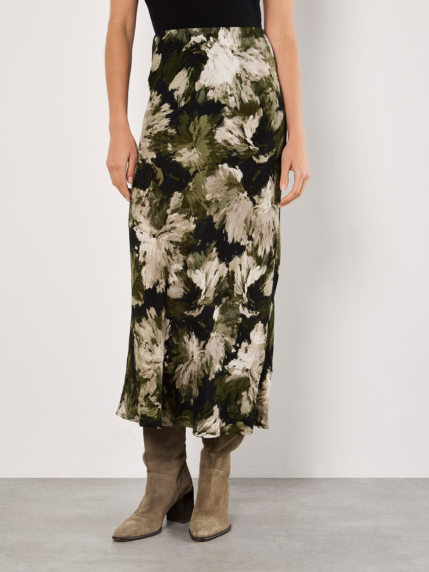 Paintbrush Floral Slip Skirt in Olive