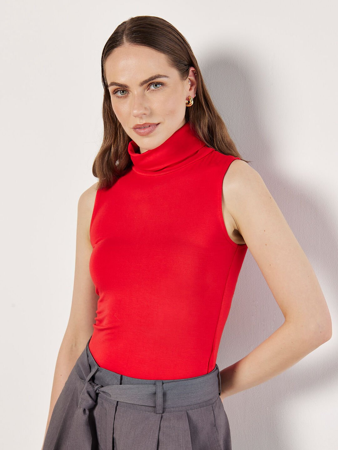 Jersey Roll Neck Tank Top in Red