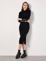 Load image into Gallery viewer, Gold Button Sleeve Ribbed Midi Dress in Black
