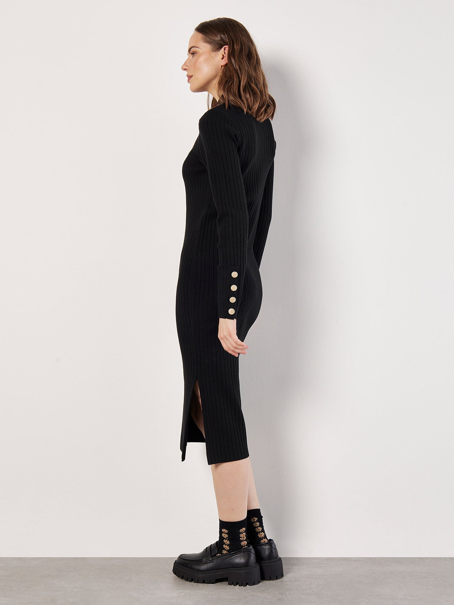 Gold Button Sleeve Ribbed Midi Dress in Black