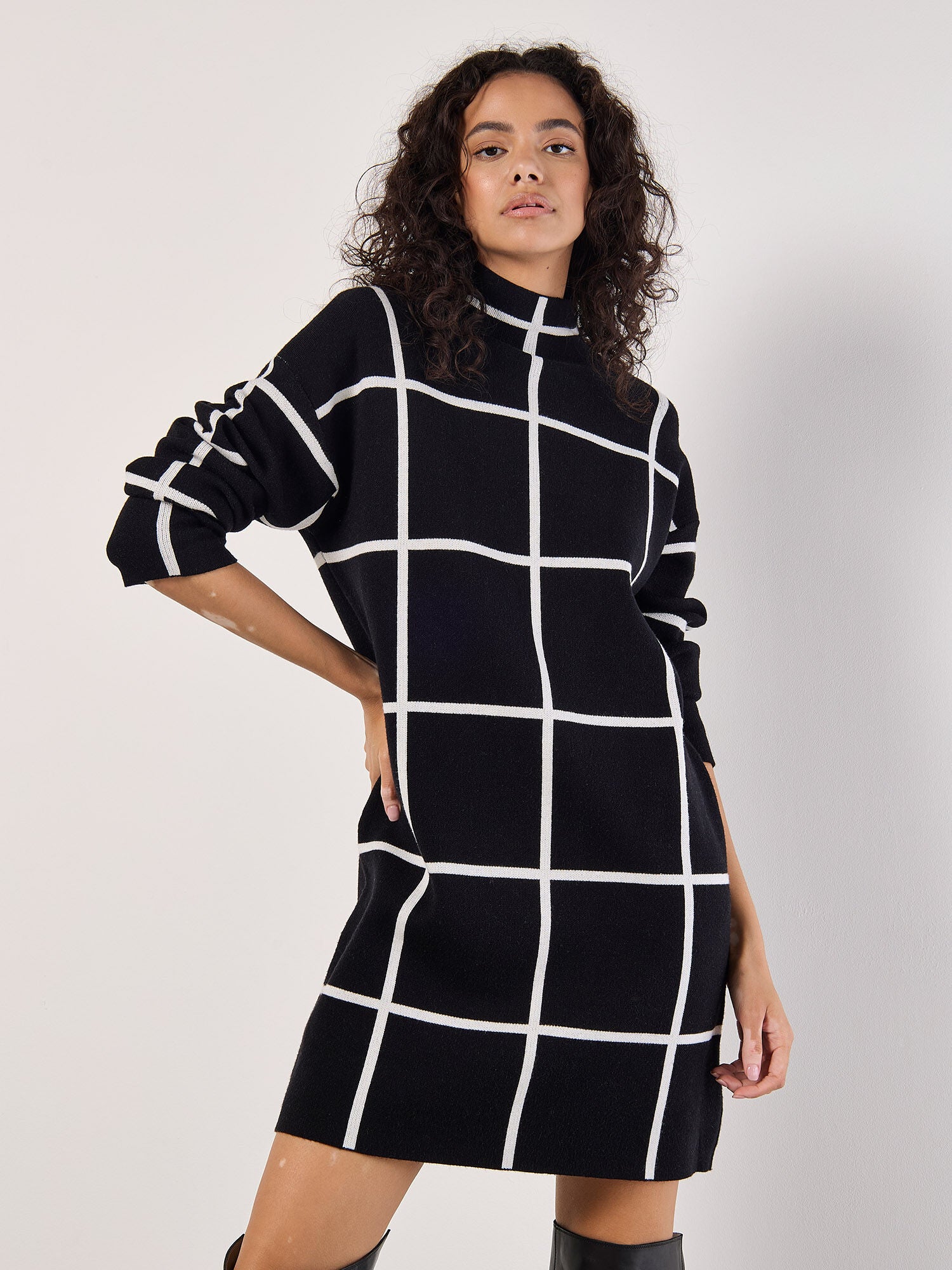 Windowpane Sweater Dress in Black