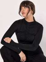 Load image into Gallery viewer, Shimmer Ruched Center Mock Neck Top in Black
