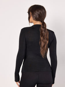 Shimmer Ruched Center Mock Neck Top in Black