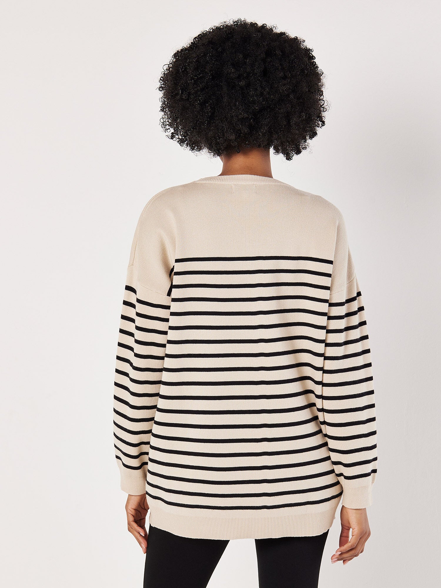 Striped Knit Tunic Sweater in Stone/Black