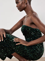 Load image into Gallery viewer, Strapless Sequin Midi Dress w/ Back Slit in Green
