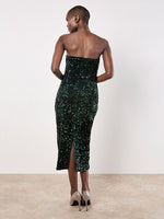 Load image into Gallery viewer, Strapless Sequin Midi Dress w/ Back Slit in Green
