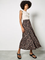 Load image into Gallery viewer, Tiered Leaf Print Maxi Skirt in Brown
