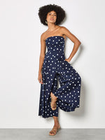 Load image into Gallery viewer, Polka Dot Bow Back Wide Leg Jumpsuit in Navy
