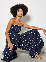 Load image into Gallery viewer, Polka Dot Bow Back Wide Leg Jumpsuit in Navy
