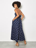 Load image into Gallery viewer, Polka Dot Bow Back Wide Leg Jumpsuit in Navy
