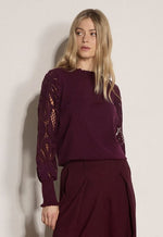Load image into Gallery viewer, Ruffle Neck Crochet Sleeve Sweater in Burgundy
