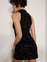 Load image into Gallery viewer, Velvet Sequin Halter Mini Dress in Multi
