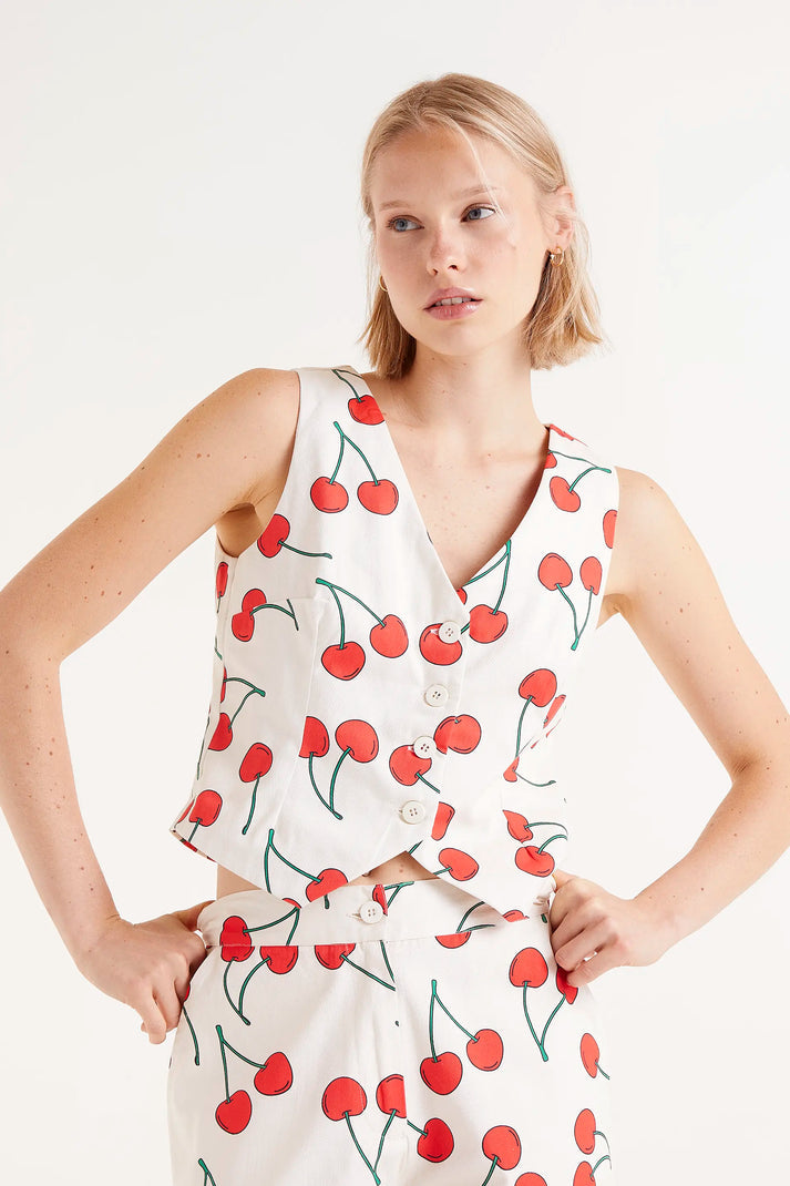 Cotton Twill Vest in Cherry Print