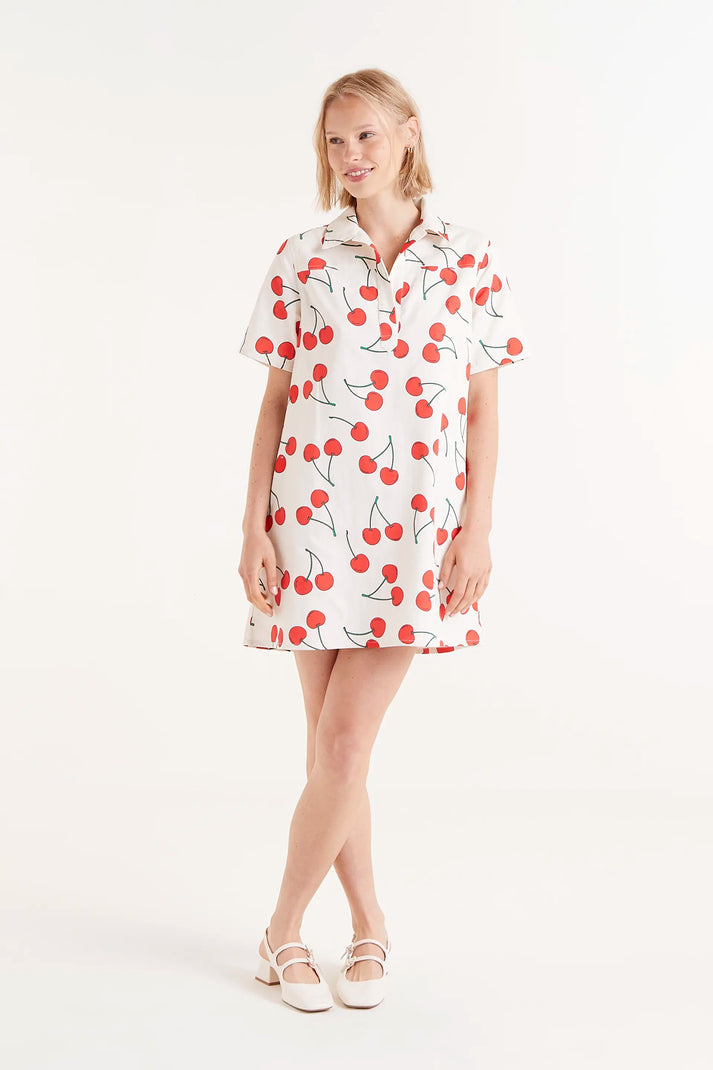 Short Sleeve Cotton Twill Dress in Cherry Print