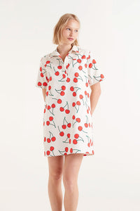 Short Sleeve Cotton Twill Dress in Cherry Print