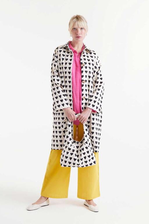 Heart Print Trench Coat in Black/Ivory