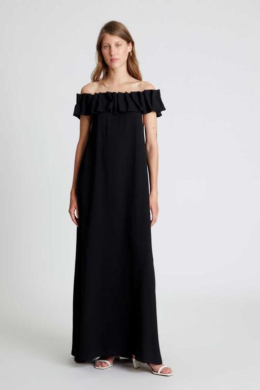 Ruffle Off Shoulder Maxi Dress in Black