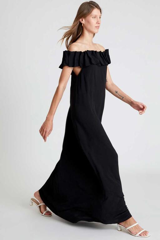 Ruffle Off Shoulder Maxi Dress in Black