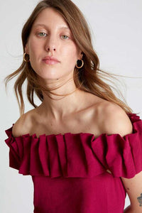 Ruffle Off Shoulder Top in Magenta