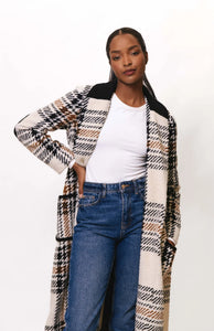 Kels Rib Trim Patch Pocket Midi Wrap Coat in Blk/Wht Plaid